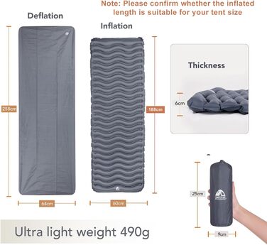 Килимок для кемпінгу Unigear 500g, Ultralight, Надувний, для туризму та відпочинку на природі, з подушкою, армійного кольору
