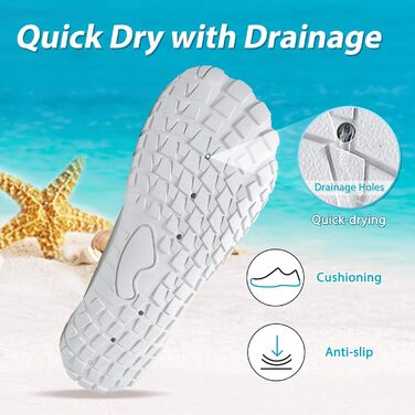 Водні шкарпетки для плавання та відпочинку на пляжі: чоловічі та жіночі шкарпетки для води, швидко сохнуть, з дренажними отворами, для басейну, моря, серфінгу, каякінгу, фітнесу, розміри 36-46 EU (39 EU, білий)