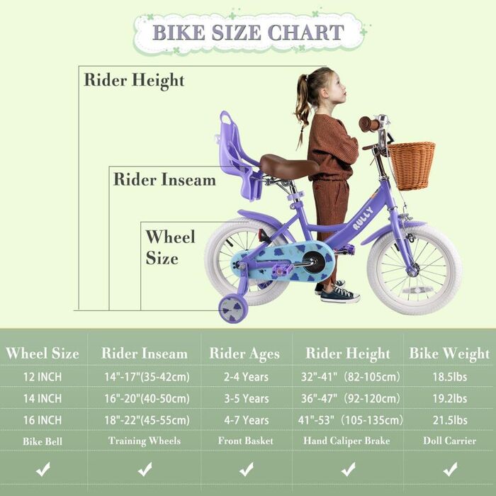 Дитячий велосипед RULLY Fruit для дівчаток 12/14/16 дюймів, 2-7 років, з додатковими колесами, кошиком та сидінням для ляльки, фіолетовий