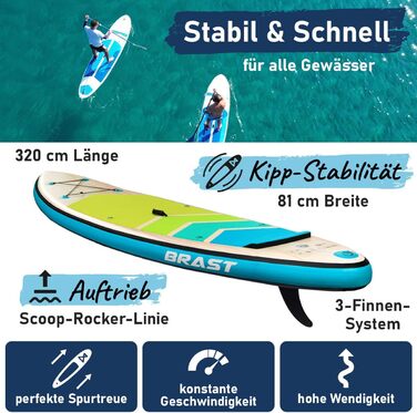 Надувний SUP-борд BRST Tropic | Комплект для станд-ап паддлбордингу | 320x81x15 см | 6 дизайнів | 5 років гарантії | з аксесуарами | 2в1: SUP та каяк, тримач для Action Cam, ланцюжок для ніг, насос, рюкзак (Турквіз)