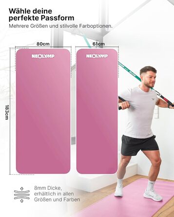 NEOLYMP Fitness Mat - Товста та неслизька фітнес-мат з E-book та ремінком - для йоги, пілатесу, тренувань (Рожева, 61 см)