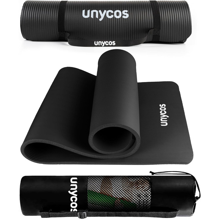 Універсальний килимок для йоги та фітнесу Unycos, нековзний, 183x60 см, NBR, товщина 10/15 мм, з ременем для перенесення та електронною книгою вправ, нетоксичний, для спорту вдома та в залі, чорний