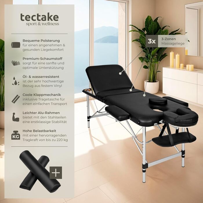 Масажний стіл Tectake® складний, регульований по висоті, з 3 зонами, чорний | для косметичних процедур, масажу, татуювання