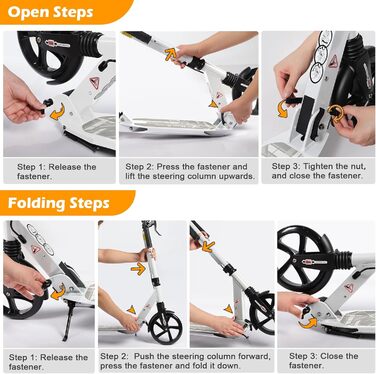 Дитячий складаний самокат з великими колесами 200 мм, дискові гальма, регульована висота, з ремінним ременем, для дітей 8-15 років (Білий)