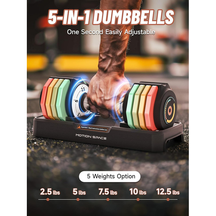 Регульований набір гантелей Motion Space, 5.7-10.2 кг, для дому, компактний, з підставкою, 5 ваг в 1 сек, кольоровий (Райдуга)