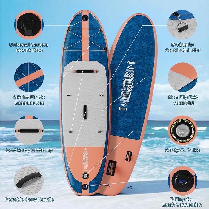 Надувний SUP борд JUMMICO: комплект з рюкзаком, стабільний та швидкий, унікальний дизайн (синьо-помаранчевий)