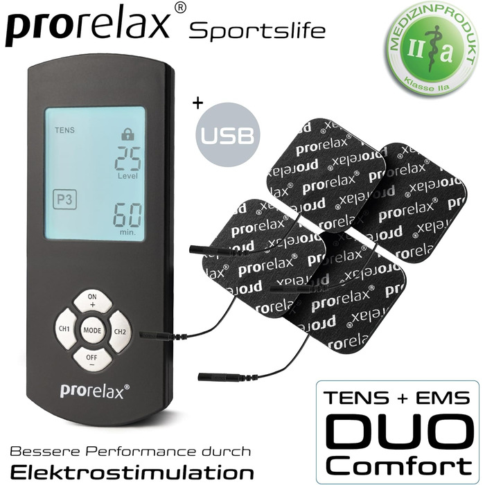 Prorelax TENS/EMS Duo Comfort Blackline: електростимулятор для м'язів та зняття болю | 2 терапії в одному пристрої, великий дисплей