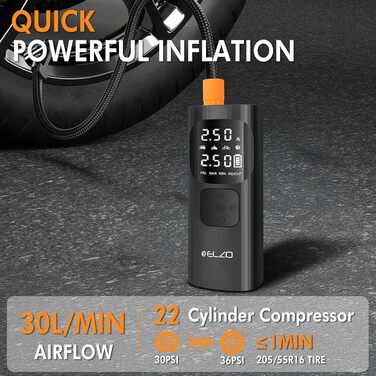 Електричний компресор ELZO для велосипедів, м'ячів та авто: 150 PSI, 7500mAh, LCD-дисплей, автостоп