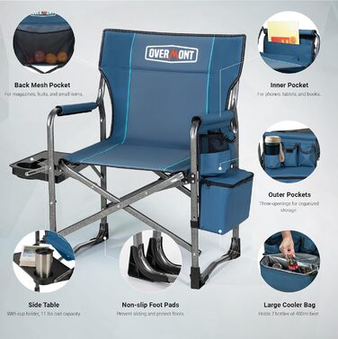 Стілець для кемпінгу OVERMONT: складаний, з підспівачем та сумкою-холодильником. Макс. навантаження 180 кг (2 шт., чорний)