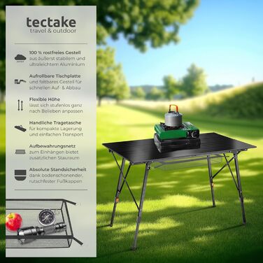 Стіл для кемпінгу Tectake®: розкладний, алюмінієвий, з великою стільницею 120x70.5 см, чорний