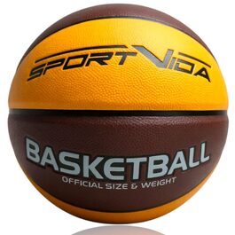 Баскетбольний м'яч SportVida, розмір 7 - для залу та вулиці, преміум PU-шкіра, антиковзкий, для бетону та залу, офіційний розмір (75-78 см), коричнево-жовтий