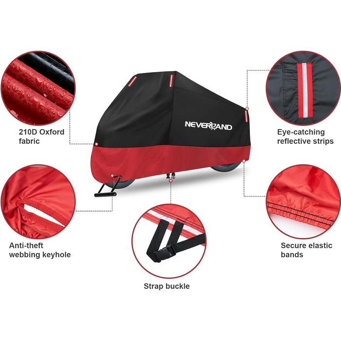 Водонепроникна мотоциклетна накривка Neverland для зберігання на вулиці та в приміщенні. 210D, 220 x 95 x 110 см. Підходить для мотоциклів, скутерів, мопедів.