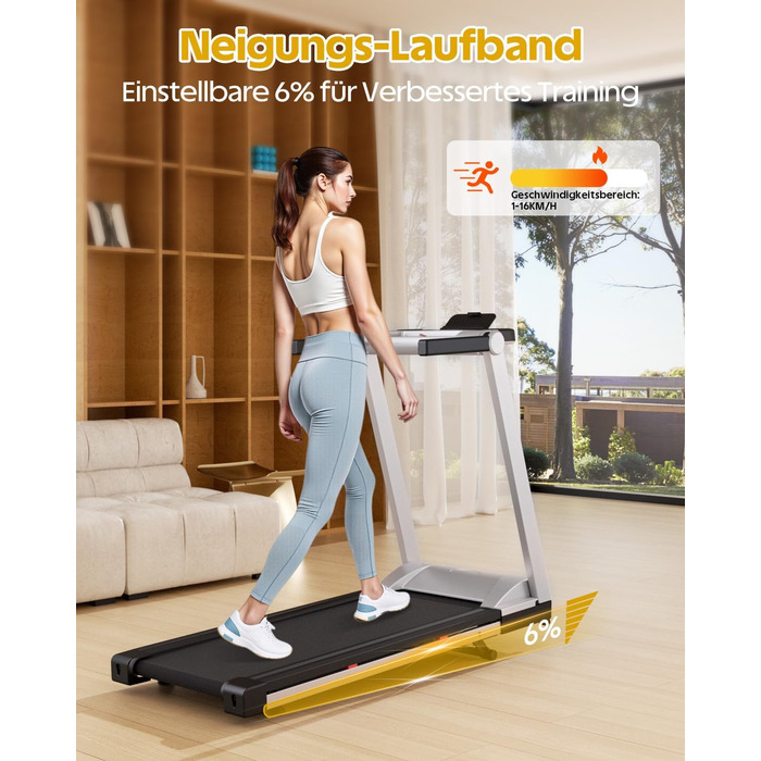 Lacuffy Біговий доріжка для дому, складаний, Walking Pad з нахилом 6%, велика площа бігового полотна 112 * 42 см, вантажопідйомність 158 кг, для високих людей, срібно-чорний колір