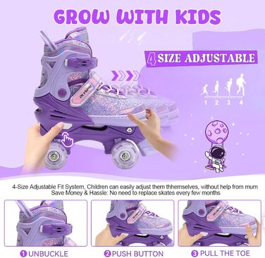 Дитячі ролики для дівчаток з регулюванням розміру, світловідбиваючі, з підсвічуванням коліс, для початківців, фіолетові (EU28-31)