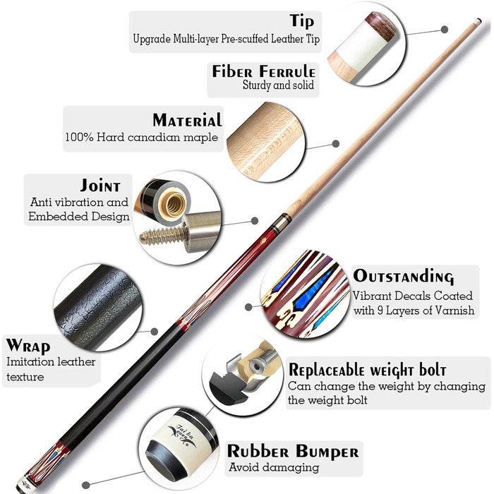 Професійний більярдний кий Tai Ba Cues Billard-Queuestab з чохлом, 13 мм наконечник, 147,3 см, канадський клен, 3 шт. аксесуарів (S3), вага 18,19,20,21,22 г, кольори: синій, чорний, червоний, сірий, зелений