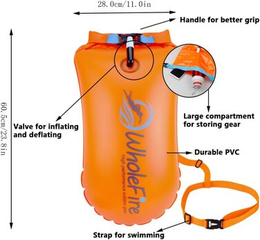 WholeFire 20L Плавуча Сумка для Спорядження, Водонепроникна, Надувна, для Водних Видів Спорту: Плавання, Триатлон, Каякінг, Снорклінг, Помаранчевий