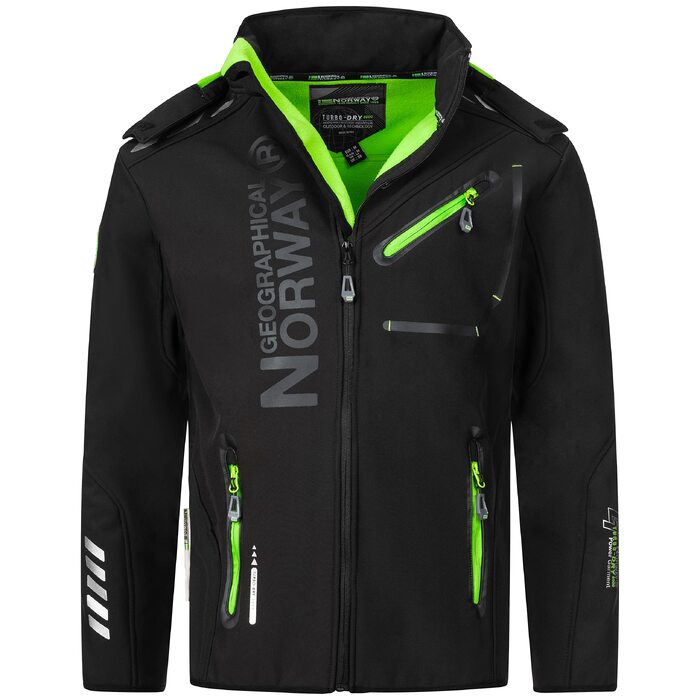 Чоловіча куртка Softshell Geographical Norway Outdoor — водовідштовхуюча функціональна куртка з шапкою-біні Urbandreamz, чорна, розмір L