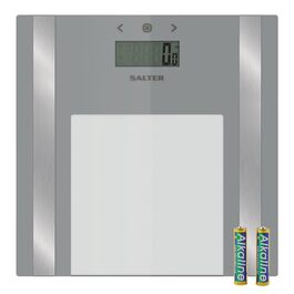 Salter 9158 SV3R ультратонкі скляні ваги-аналізатор тіла, до 180 кг, цифрові ваги для людей, вимірюють вагу, жир і воду в організмі, ІМТ, 8 користувачів, режим атлета, батарейки в комплекті, сірі