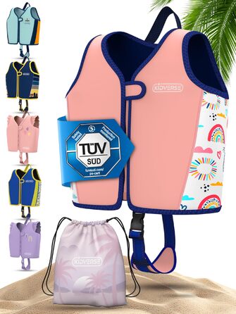 Дитячий жилет для плавання Kidverse - перевірений лідер тестів & сертифікований TÜV, для дітей від 2 років, з регульованою плавучістю, CE-сертифікований, з м'якого преміум-неопрену, рожево-білий, розмір M