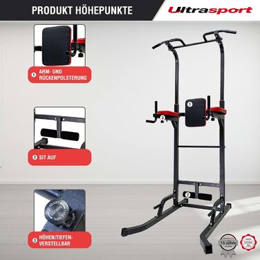 Силовий комплекс Power Tower Ultrasport: турнік, бруси та вправа на прес, регульована висота, витримує до 150 кг, для домашнього фітнесу