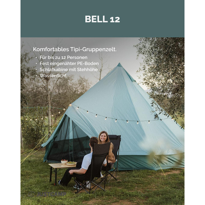 Намет JUSTCAMP Bell Tipi для сім'ї та групи (4-12 осіб) - водонепроникний (3000 мм), з висотою у стоячи положення, 2 кольори (сірий, м'ятний)