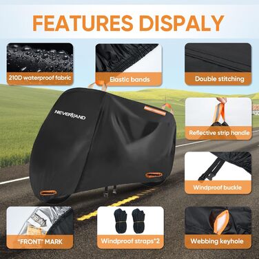 Накладна ковдра для мотоцикла Neverland Outdoor, 295x110x140 см, водонепроникна, 300D, гараж для мотоцикла, внутрішнє використання, з отворами для замка, світловідбиваюча, чорно-помаранчевий колір