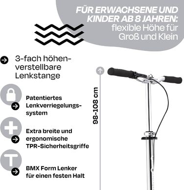 Роликовий самокат GLOBBER NL 205 – для дітей від 8 років, підлітків та дорослих, регульована висота, колеса 205 мм, ABEC 7, вінтажний сріблястий