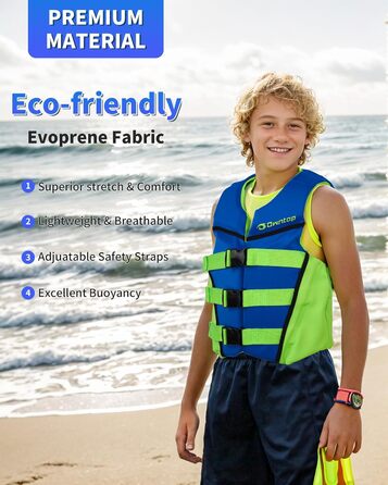 Owntop Світлова жилетка для дітей та підлітків, регульована, з трьохточковим ременем безпеки, легка, для каякінгу, плавання, риболовлі та снорклінгу (Блакитна, M)