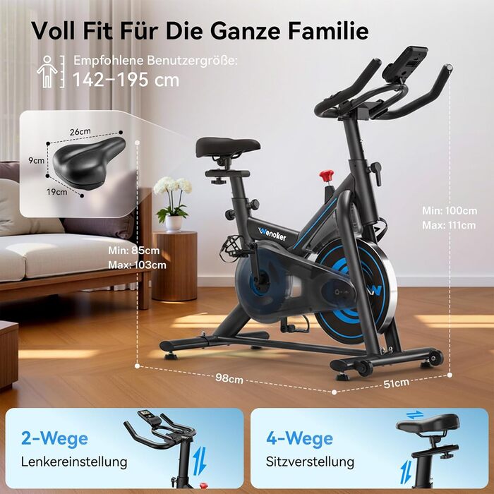 Велотренажер для дому з мобільним додатком, тихий велоергометр з магнітним опором, фітнес-велосипед для кардіотренувань, до 160 кг, блакитний