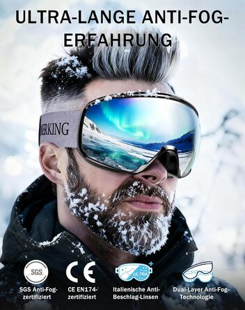 Окуляри для сноуборду та гірських лиж Innerking OTG, Anti-fog & UV400, з подвійним склом для корекції зору, чоловічі/жіночі/підліткові, чорний/срібний (VLT 11%)