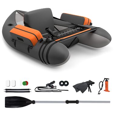 Надувне рибальське човен GYMAX: компактне belly boat з насосом, веслами та регульованими ременями. Витримує до 150 кг (сірий)