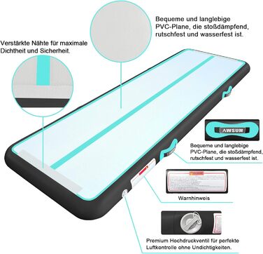 AWSUM Гімнастичний надувний мат для гімнастики з повітряним трекінгом, надувний, 300x100x10 см та 100x60 см, м'ятно-зелений+чорний, з насосом