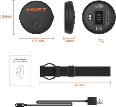 Пульсометр Moofit HW401 з нагрудним датчиком, Bluetooth/ANT+, водонепроникний IP67, сумісний з Wahoo, Strava