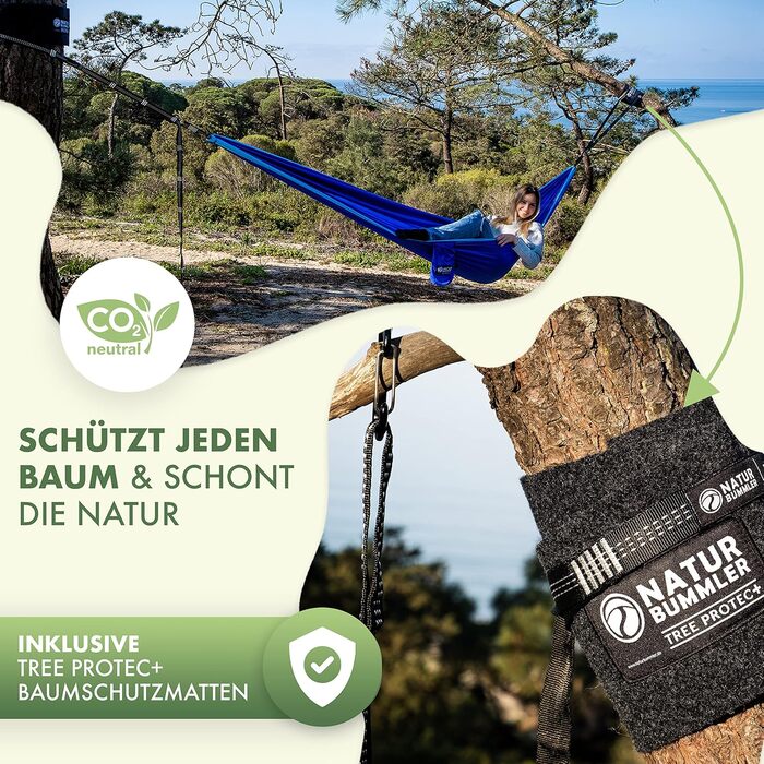Гамак NATURBUMMLER® Outdoor з захистом дерев [Tree Protec+] – 300x170 см для 1-2 осіб – ультралегкий та стійкий до погодних умов – двошаровий гамак для кемпінгу, саду та відпочинку на природі (Натуральний зелений, Морська блакить)
