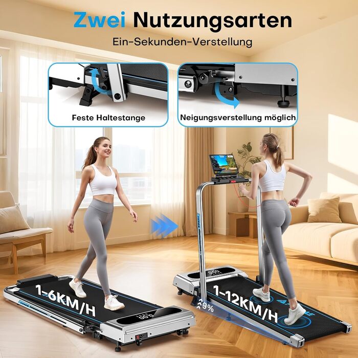 Біговий доріжка для дому 5-в-1, складаний, з підйомом до 9%, потужність 2.75HP, 12 HIIT програм, дистанційне керування та додаток, до 160 кг, срібно-блакитний