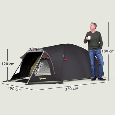 Намет Outsunny для кемпінгу на 2 особи, водонепроникний, UV 50+, з тамбуром та бічними вікнами - сімейний намет для подорожей, трекінгу та саду