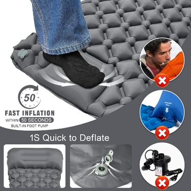 AQXONG Килимок для сну самонадувний, водонепроникний, з насосом та подушкою, ультралегкий, для кемпінгу, подорожей та відпочинку на природі - сірий
