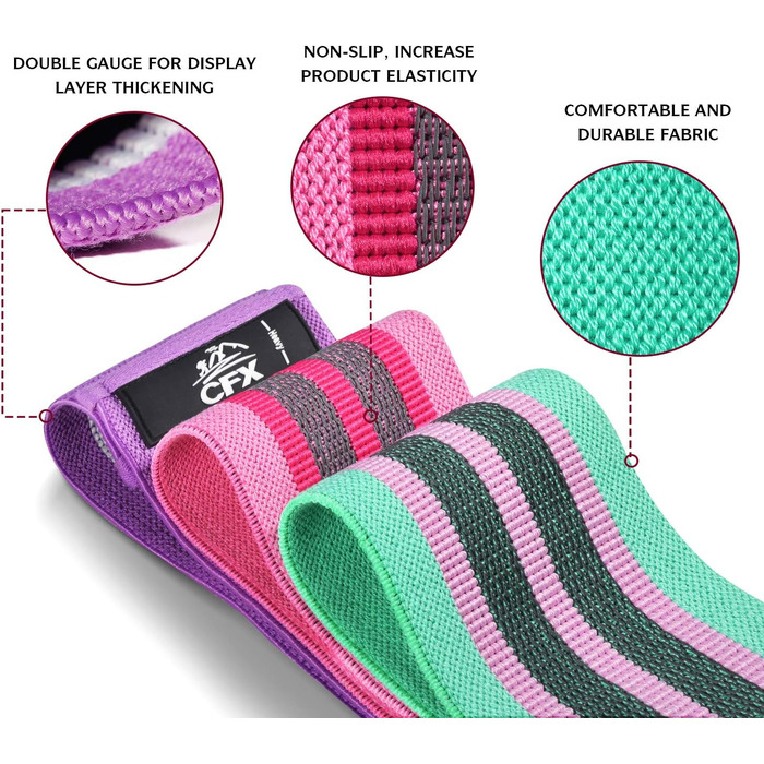 Гумові стрічки для фітнесу CFX Resistance Hip Bands: набір для йоги та силових тренувань, 3 рівні опору, зелений, рожевий, фіолетовий