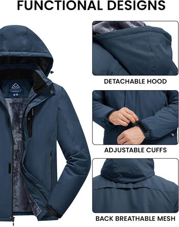 Куртка Rdruko для чоловіків: зимова, для сноуборду, тепла флісова, водонепроникна, функціональна, з капюшоном, біла (M, Denim Blue)