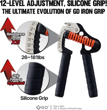 Handtrainer GD Iron Grip 12LV: Регульований тренажер для рук та зап'ястя (силиконовий хват 26-82 кг)