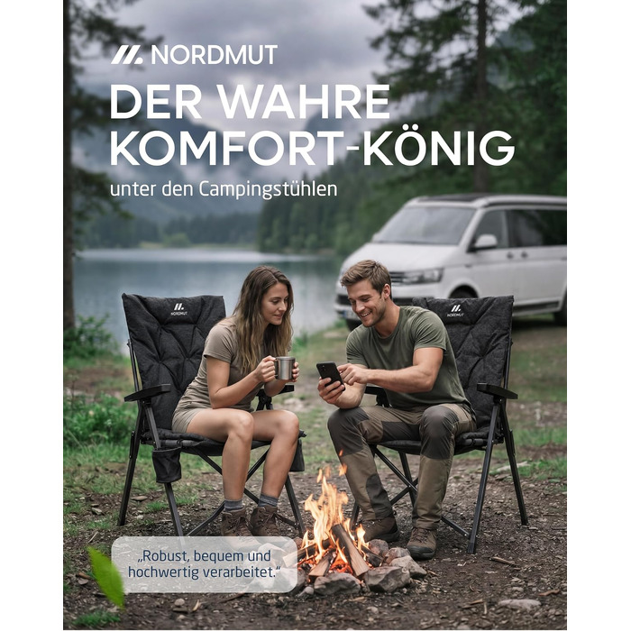 Розкладне крісло для кемпінгу NORDMUT Premium з високою спинкою, регульоване (4 позиції), посилений садовий стілець для відпочинку на відкритому повітрі, навантаження до 140 кг, Антрацит