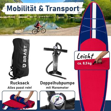 SUP Board BRAST Shark надувний, 320x81x15 см, комплект: весло, сидіння для каяка, тримач для камери, насос, рюкзак, блакитний