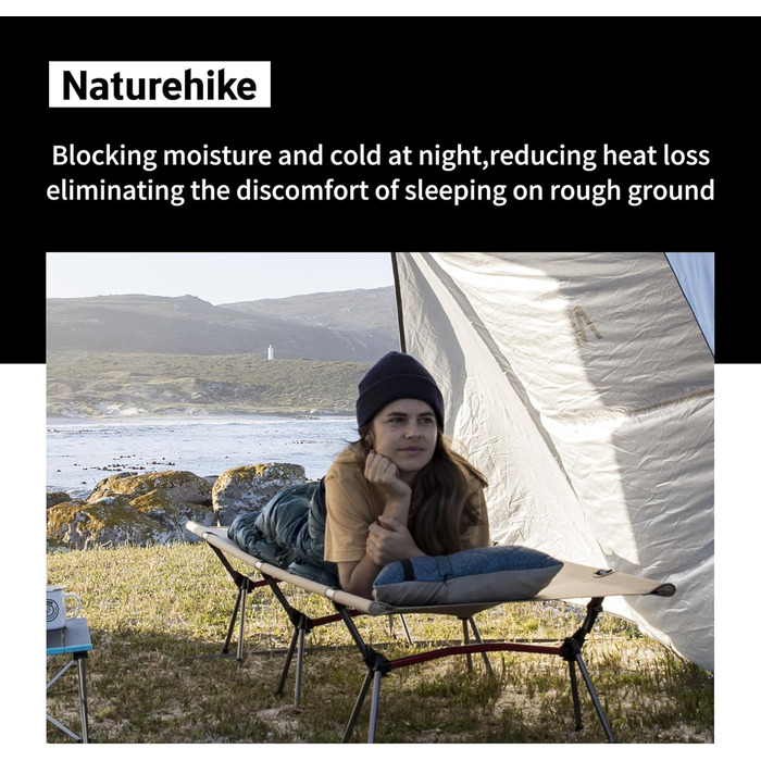 Ліжко похідне Naturehike ультралегке, складане, 150 кг, регульована висота, бежеве - для кемпінгу, офісу, гостей