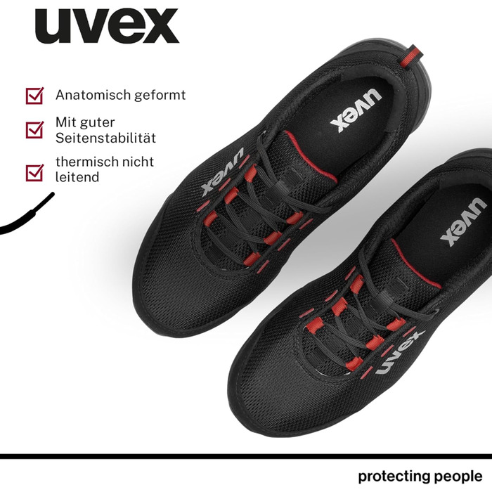 Робоче взуття Uvex 1 Dynam-x S1 PL - легке, дихаюче, металозахисту немає, ESD, антиковзаюче, чорно-червоне, розмір 40 EU, для чоловіків та жінок, веганський, ширина 11