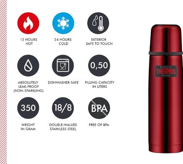Термос із нержавіючої сталі Thermos Light & Compact 500 мл, червоний, із кришкою-чашкою, 12 годин гаряче / 24 години холодне, герметичний, без BPA