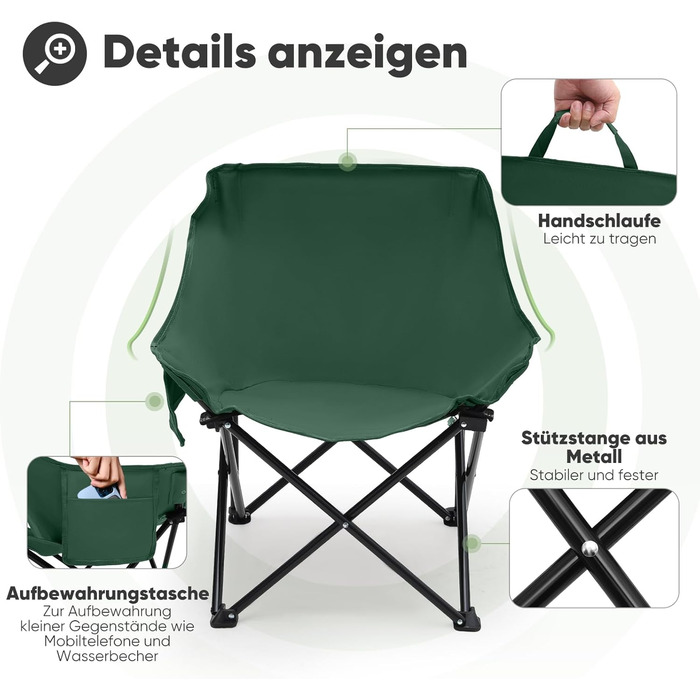 Зручний складаний стілець для кемпінгу з сумкою та нековзними ніжками. Ідеально підходить для риболовлі, відпочинку на пляжі, пікніків, саду та балкону. Колір: темно-зелений