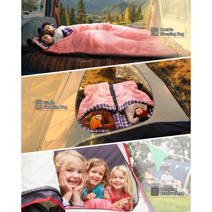 Сплячий мішок Outdoor Sportneer для двох осіб: спальний мішок 2.75 кг для дорослих, 3 сезони, 220x150 см, з 2 подушками (без фланелевої підкладки), рожевий