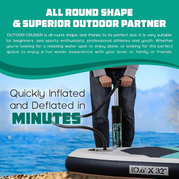 SUP дошка надувна OutdoorCrusier Ultra-Portable, блакитна (Карибське море) - комплект з аксесуарами, міцна, нековзка
