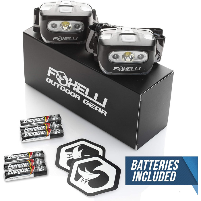 Foxelli LED налобний ліхтар – для дорослих та дітей, біг, кемпінг, піші прогулянки, налобний ліхтар з білим та червоним світлом, легка водонепроникна кофта, зручний наголовник, 3 AAA-батарейки в комплекті (2 шт), чорний