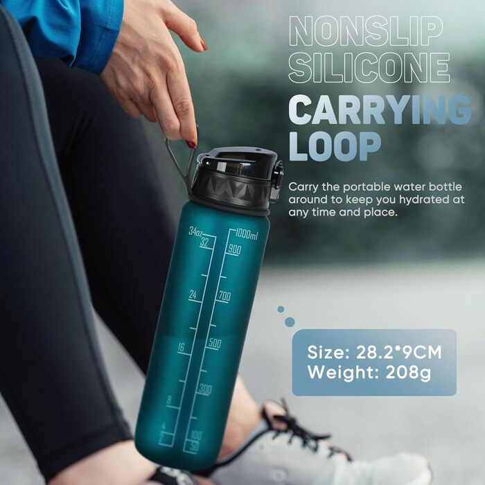 Спортивна пляшка для води 1л BPA-free з неслизьким гумовим ручним, для велосипеда, активного відпочинку, школи, спортзалу, колір: зелений ліс, об'єм: 1000 мл